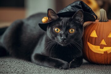 Naklejka premium A black cat, wearing a witch's hat, rests beside a glowing jack-o'-lantern, a charming Halloween scene.