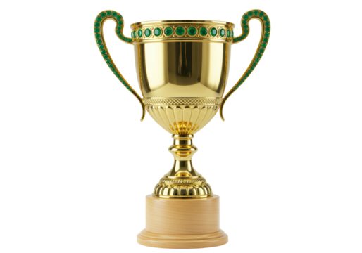 Isolated golden trophy with green jewels on the handles and rim for awards and celebration - Powered by Adobe