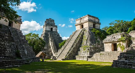 Inca Mayan pyramid temple ruin in the forest under clear blue sky