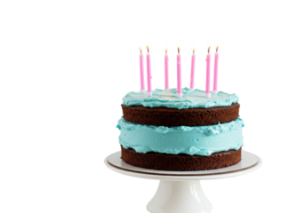 Isolated birthday chocolate cake with light blue frosting and pink candles for celebration