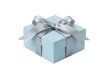 Isolated pale blue gift box with a silver ribbon tied into a bow, present for a special occasion