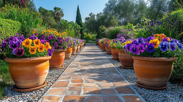 Beautiful garden pathway lined with pots of blooming pansies each one bursting with vivid color from purple to gold surrounded by green foliage under a clear blue sky