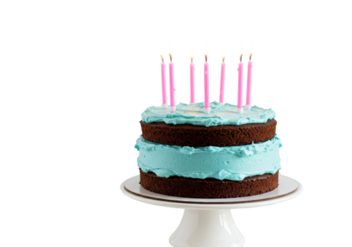 Isolated birthday chocolate cake with light blue frosting and pink candles for celebration