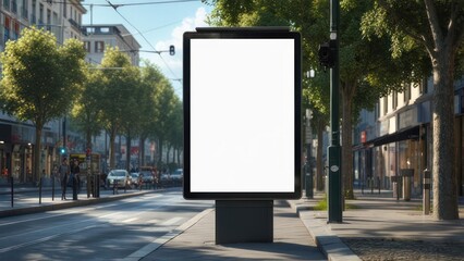 Blank Digital Billboard on Sunny City Street with Trees and Pedestrians
