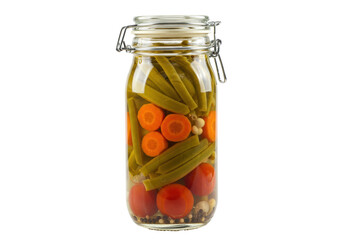 Isolated sealed glass jar of pickled green beans, carrots, tomatoes, and spices, ready to eat