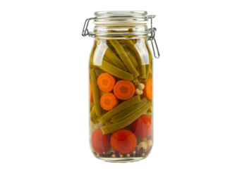 Isolated sealed glass jar of pickled green beans, carrots, tomatoes, and spices, ready to eat