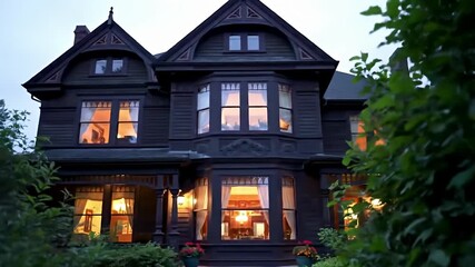 Elegant Victorian house at dusk, with warm lights glowing inside and lush greenery surrounding - Powered by Adobe