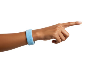 Isolated hand points forward with blue sweatband, arm extending toward the right side