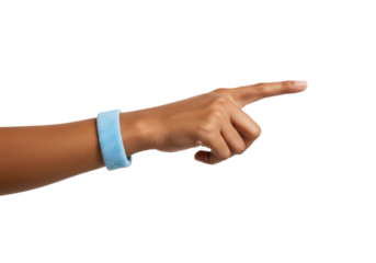 Isolated hand points forward with blue sweatband, arm extending toward the right side