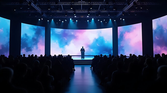 Speaker on stage in front of large screens with abstract colorful visuals and audience conference hall