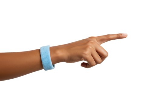 Isolated hand points forward with blue sweatband, arm extending toward the right side