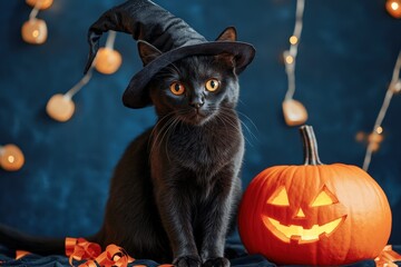 Obraz premium A black cat wearing a witch's hat sits beside a jack-o'-lantern, bathed in the warm glow of festive lights against a rich, deep blue backdrop.