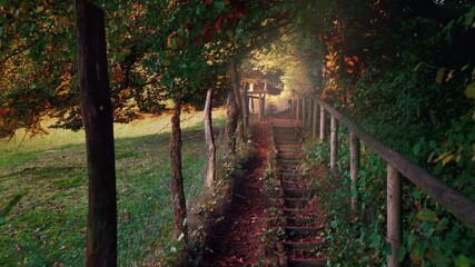 Wooden steps leading to a Bavarian chapel with autumn foliage moving gently in the wind, cinemagraph