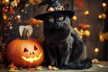 A black cat wearing a witch's hat sits beside a carved pumpkin, bathed in warm autumnal lighting.
