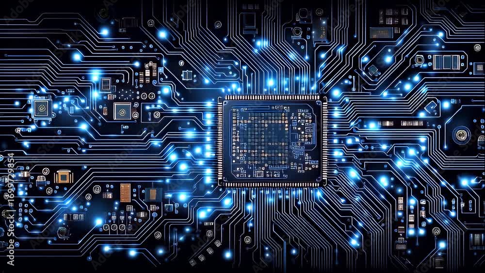 Aufkleber 3d intricate circuit board design showcasing microchip innovation with glowing blue lights in electr