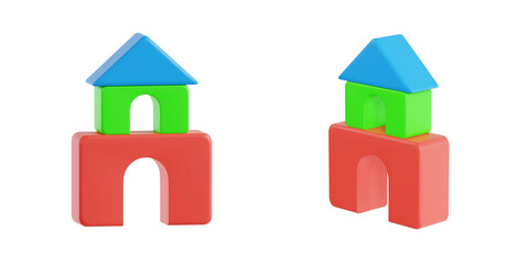 Simple toy block house made of colorful wooden shapes, 3D icon for childhood and kindergarten concepts