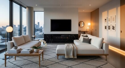 Fototapeta premium Modern City Apartment Living Room with Striking Views