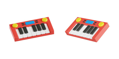Children's red toy keyboard piano, 3D illustration of an electronic musical instrument for kids