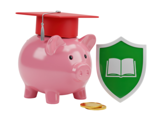 Isolated Pink Piggy Bank with Graduation Cap and Shield Securing Education Savings