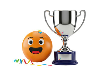 Isolated happy emoji face with trophy celebration, competition success, victory and win event