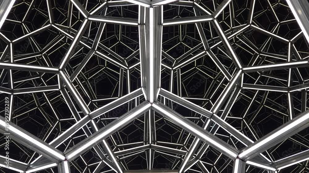 Poster futuristic mirrored geometric light structure with infinite reflections