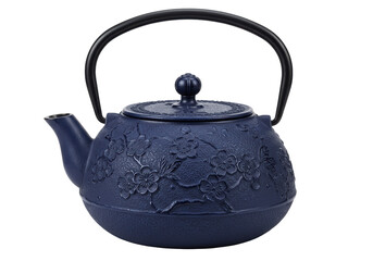 Isolated blue cast iron teapot with embossed sakura blossom floral pattern design handle