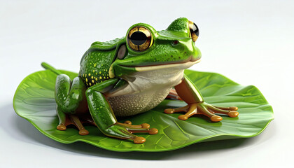 Realistic 3D frog on leaf icon on white background, detailed amphibian and foliage, lifelike natural scene, high-quality 3D rendering, minimalistic wildlife design element