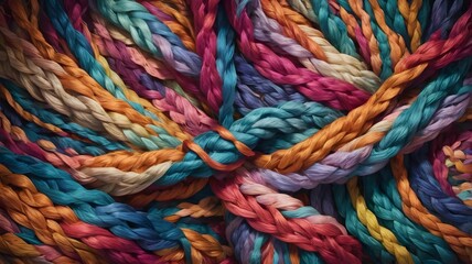 Abstract background with intertwined colorful yarn threads in bohemian style. Perfect for textile design, printing, and decor.