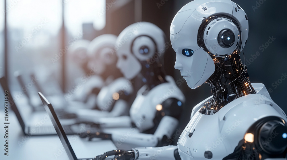 Poster humanoid robots working on laptops in an office setting futuristic technology