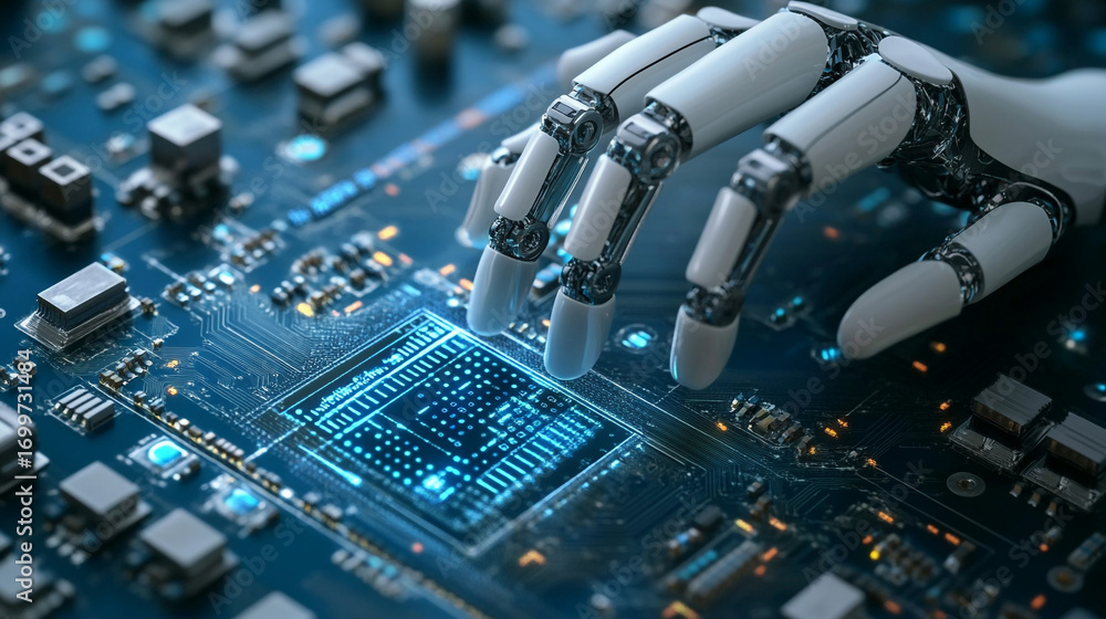 Poster robotic hand interacting with a circuit board showing futuristic technology