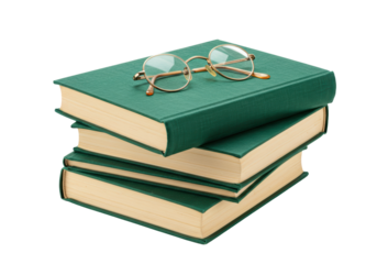 Isolated stack of three antique green books with antique glasses on top, old literature