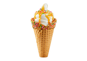 Isolated soft serve ice cream cone, caramel topping and sprinkles, sweet treat, dessert indulgence