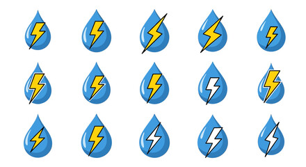 Fifteen variations of a water drop and lightning bolt icon.