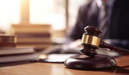 Gavel on a desk, legal documents, blurred person
