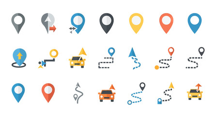 A collection of colorful flat design icons representing navigation, location, routes, and travel, including map pins, path lines, and cars.