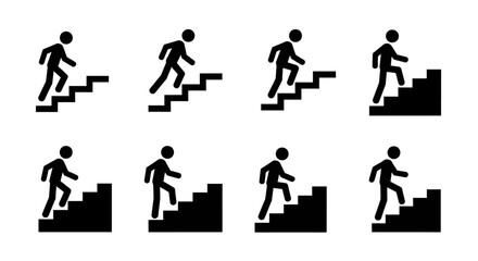 Eight variations of a person climbing stairs icon.