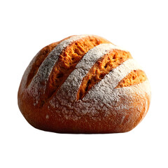 A raw ball of handmade pizza dough with cracked surface and flour coating, surrounded by airborne flour particles captured in motion