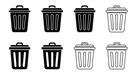Collection of eight different trash can illustrations, showcasing various styles and designs.