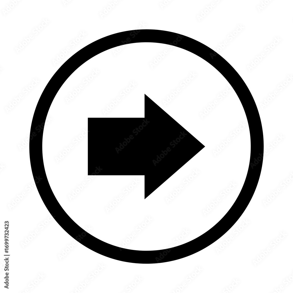Aufkleber simple black right arrow icon enclosed in a circle. minimalist vector graphic for next, forward, or 