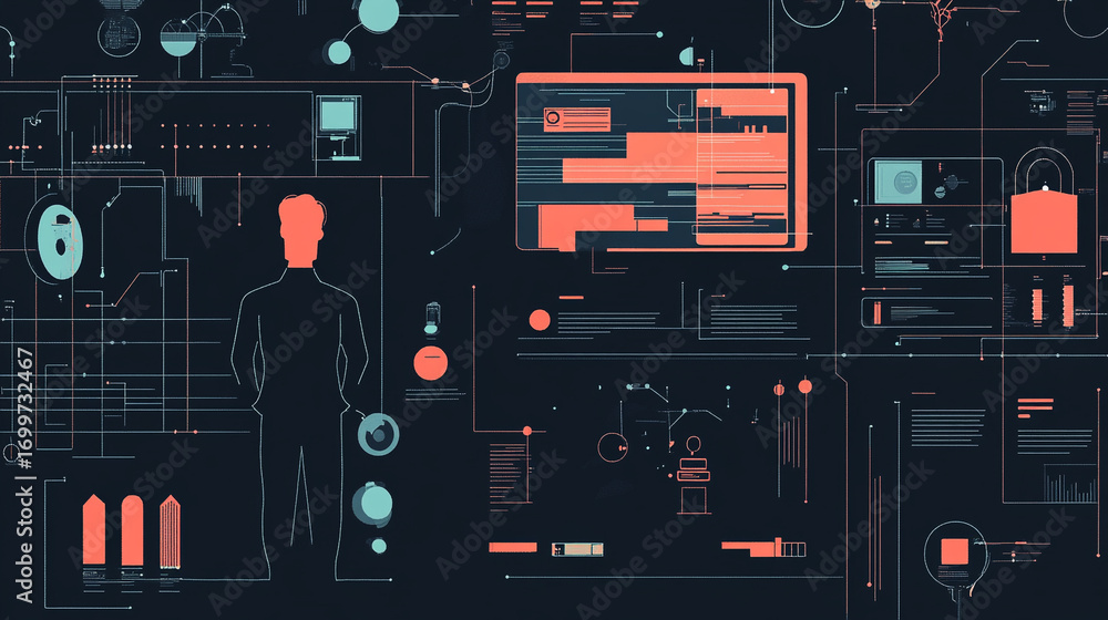 Poster digital landscape a person stands before a complex network of data screens and interfaces