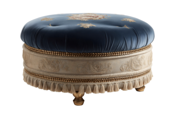 victorian round pouf ottoman, blue  tufted velvet upholstery, embroidery, cream fabric, ornate rose carvings, decorative rope trim tassel fringe, transparent background. 