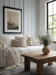 Cozy coastal living room with white sofa neutral pillows rustic wooden coffee table maritime sailboat artwork gray board and batten wall paneling natural light interior design.