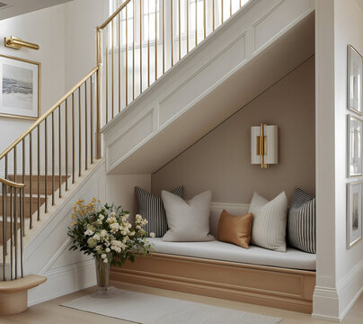 Under stair built in bench seating nook with gray cushions striped pillows brass railings white paneled walls and fresh flowers modern neutral home decor.