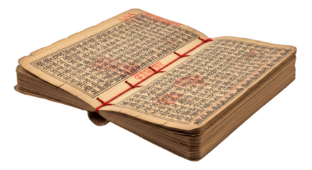 Antique chinese book with traditional binding, featuring handwritten text and red seals, offering a glimpse into ancient literary practices isolated on transparent background