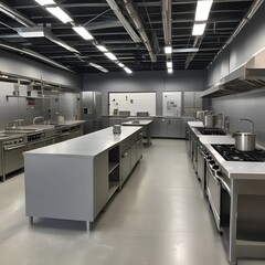 Streamlined Commercial Kitchen: Stainless Steel Surfaces Reflect Modern Culinary Excellence