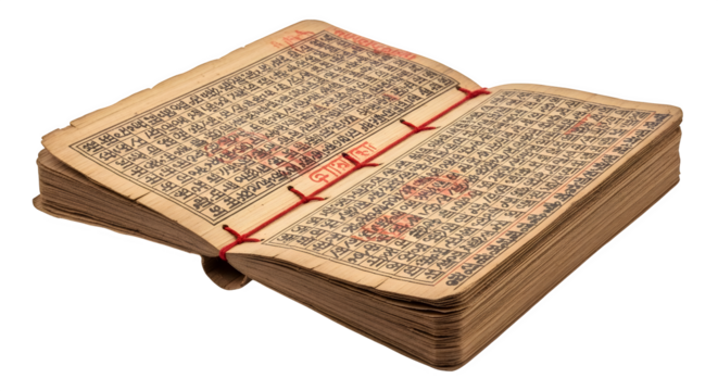 Antique chinese book with traditional binding, featuring handwritten text and red seals, offering a glimpse into ancient literary practices isolated on transparent background