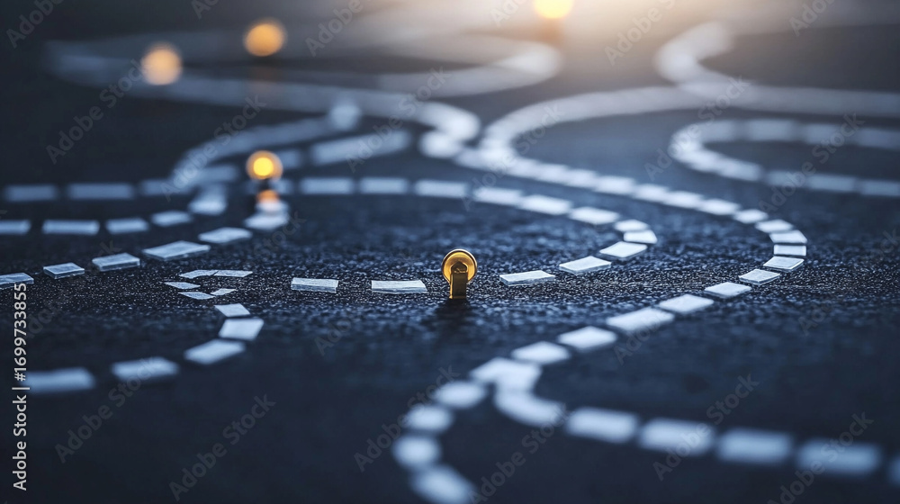Poster golden marker on a winding path multiple routes journey options