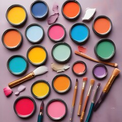 Vibrant Paint Colors Arranged with Brushes for Artistic Creation