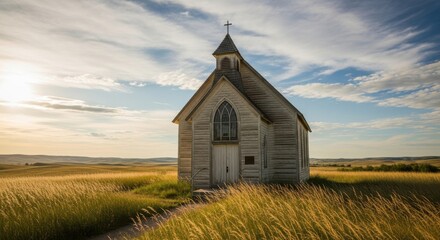 Picturesque rural church stands in a vast field of golden wheat