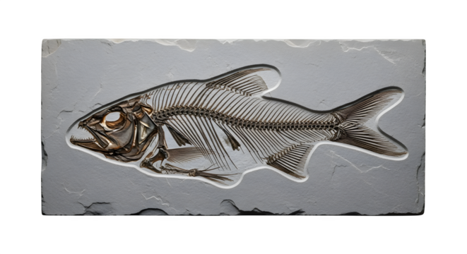 Fish fossil on a gray stone slab isolated on transparent background ancient imprint of a fish skeleton on a stone surface paleontological find